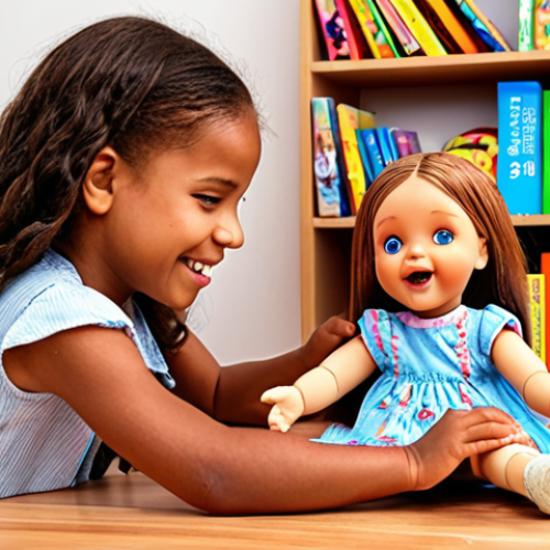 Home 11 **
A young girl, Zosia, happily interacting with an interactive Kosi doll. Focus on the doll's features and the child's engaged expression. Toys and books from the Akademia Kosi series are scattered around, creating a playful, educational atmosphere. Include bright, vibrant colors to convey a sense of fun and learning.
**