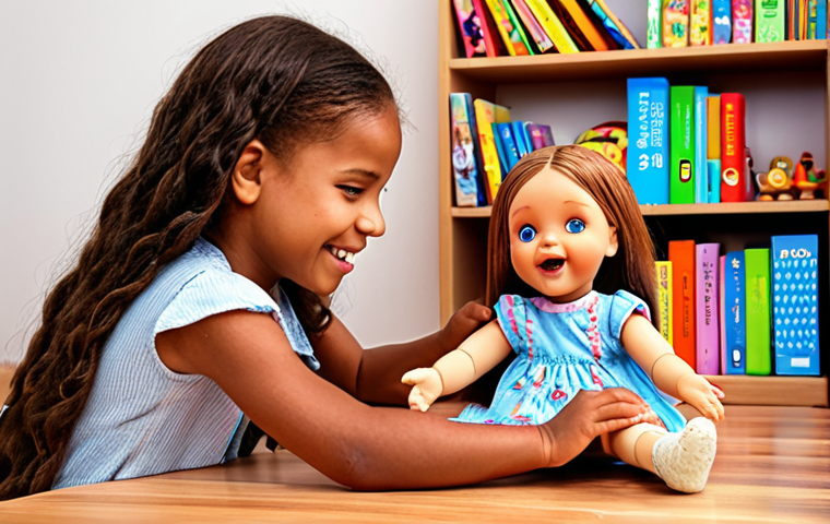 **
A young girl, Zosia, happily interacting with an interactive Kosi doll. Focus on the doll's features and the child's engaged expression. Toys and books from the Akademia Kosi series are scattered around, creating a playful, educational atmosphere. Include bright, vibrant colors to convey a sense of fun and learning.
**