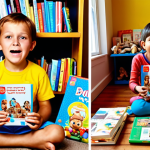 A vibrant image contrasting two scenes: On one side, a child's room with a heap of neglected, dusty plastic toys, the child looking bored or uninterested. On the other side, the same child (or a similar one) holds a gift card or a new book, their face lit up with excitement and a sense of pride, as if they just made a meaningful choice. The background should suggest a bookstore or a creative workshop, emphasizing the potential for an engaging experience.