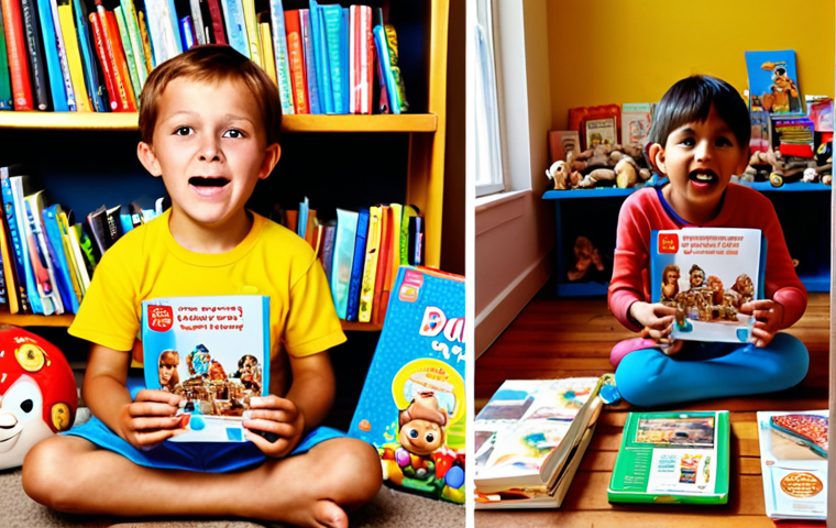 A vibrant image contrasting two scenes: On one side, a child's room with a heap of neglected, dusty plastic toys, the child looking bored or uninterested. On the other side, the same child (or a similar one) holds a gift card or a new book, their face lit up with excitement and a sense of pride, as if they just made a meaningful choice. The background should suggest a bookstore or a creative workshop, emphasizing the potential for an engaging experience.
